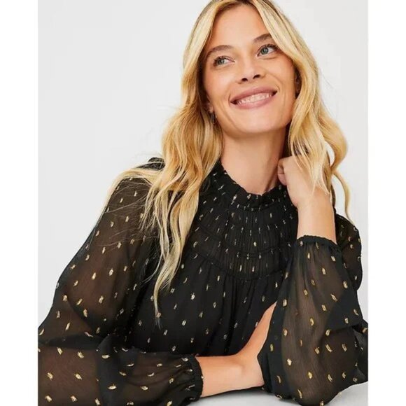 Ann Taylor Metallic Clip Smocked Ruffle Neck Top XS - Picture 3 of 3